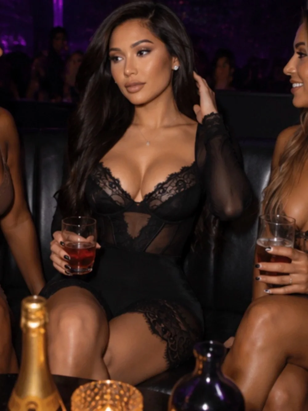Fashion Nova Sheer Lace Long-Sleeve Bodysuit Romper - Black - Picture 3 of 5